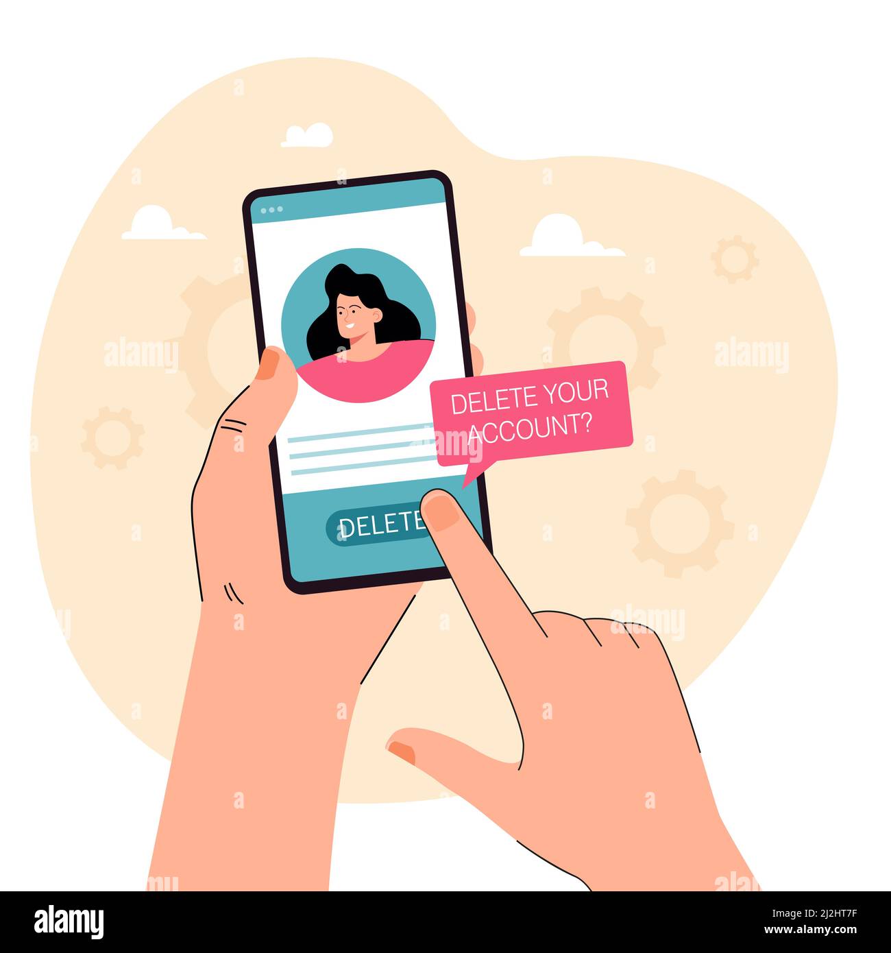 Hand holding phone with social media profile and delete button. Woman