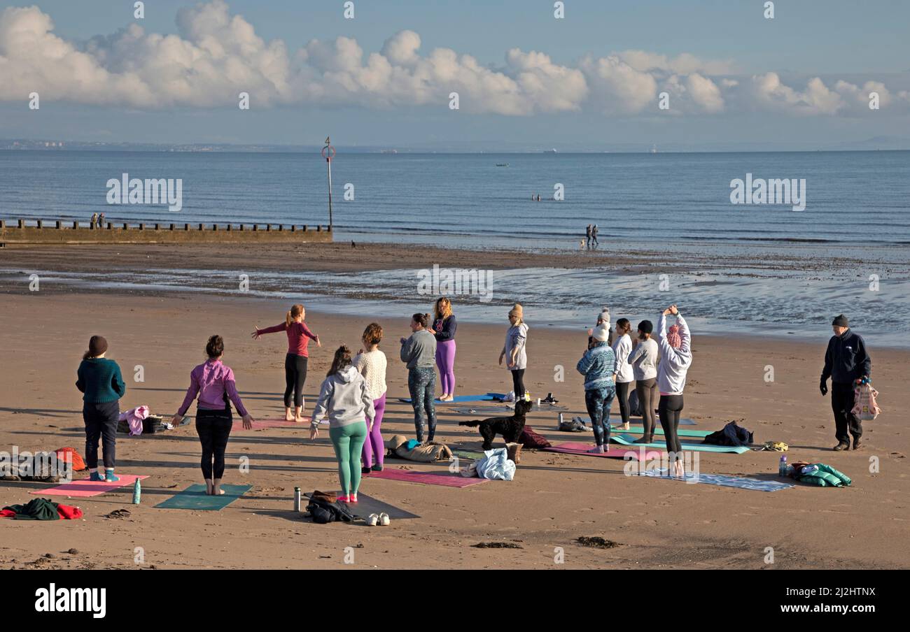Portobello, Edinburgh Scotland, UK. 2nd April 2022. first beach Yoga