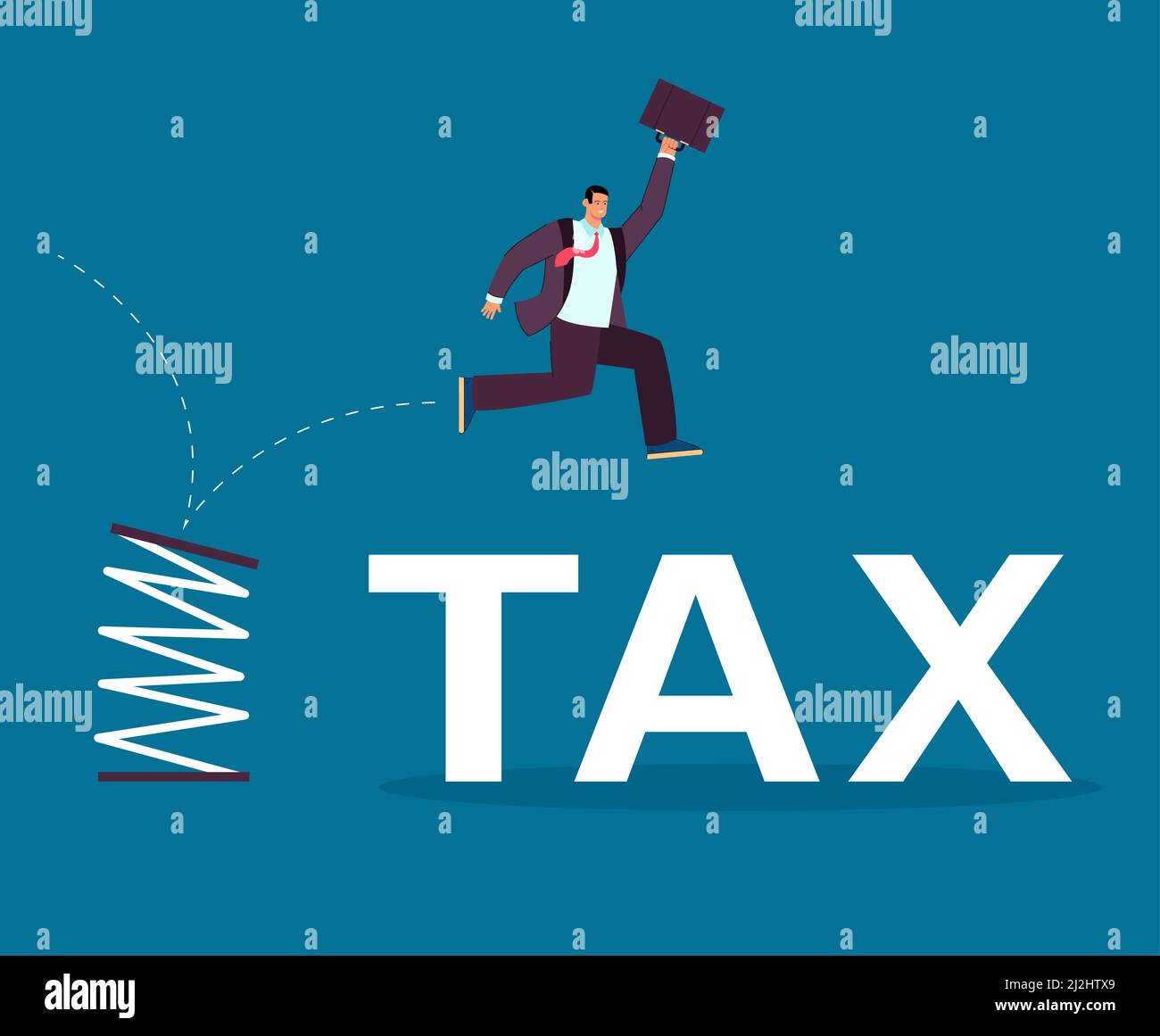 High jump of businessman reducing tax burden. Happy exempt male character with briefcase jumping from flexible spring flat vector illustration. Taxati Stock Vector