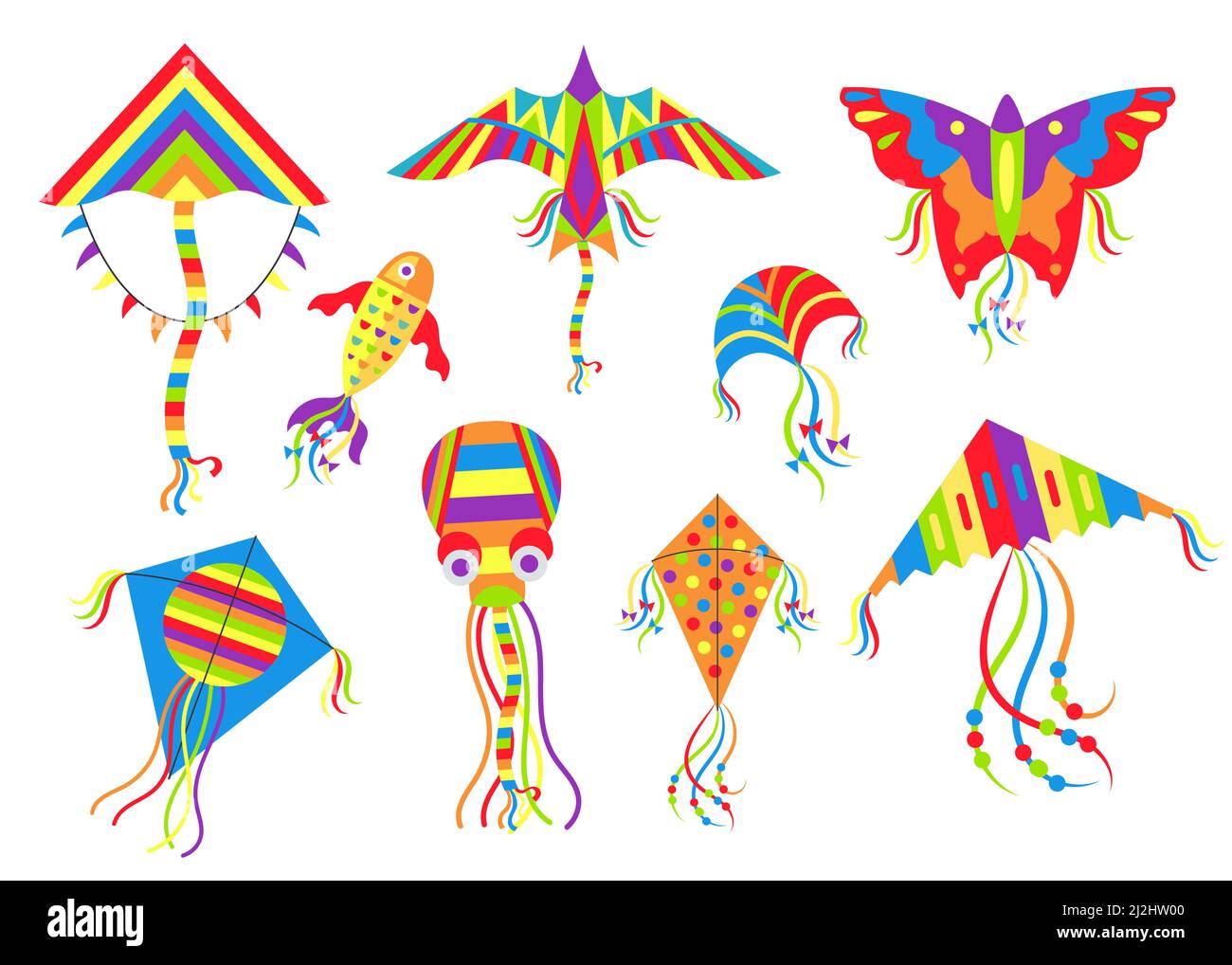Kites of different types vector illustrations set. Designs of flying wind toys on string of different shapes for kids: butterfly, squid, fish isolated Stock Vector