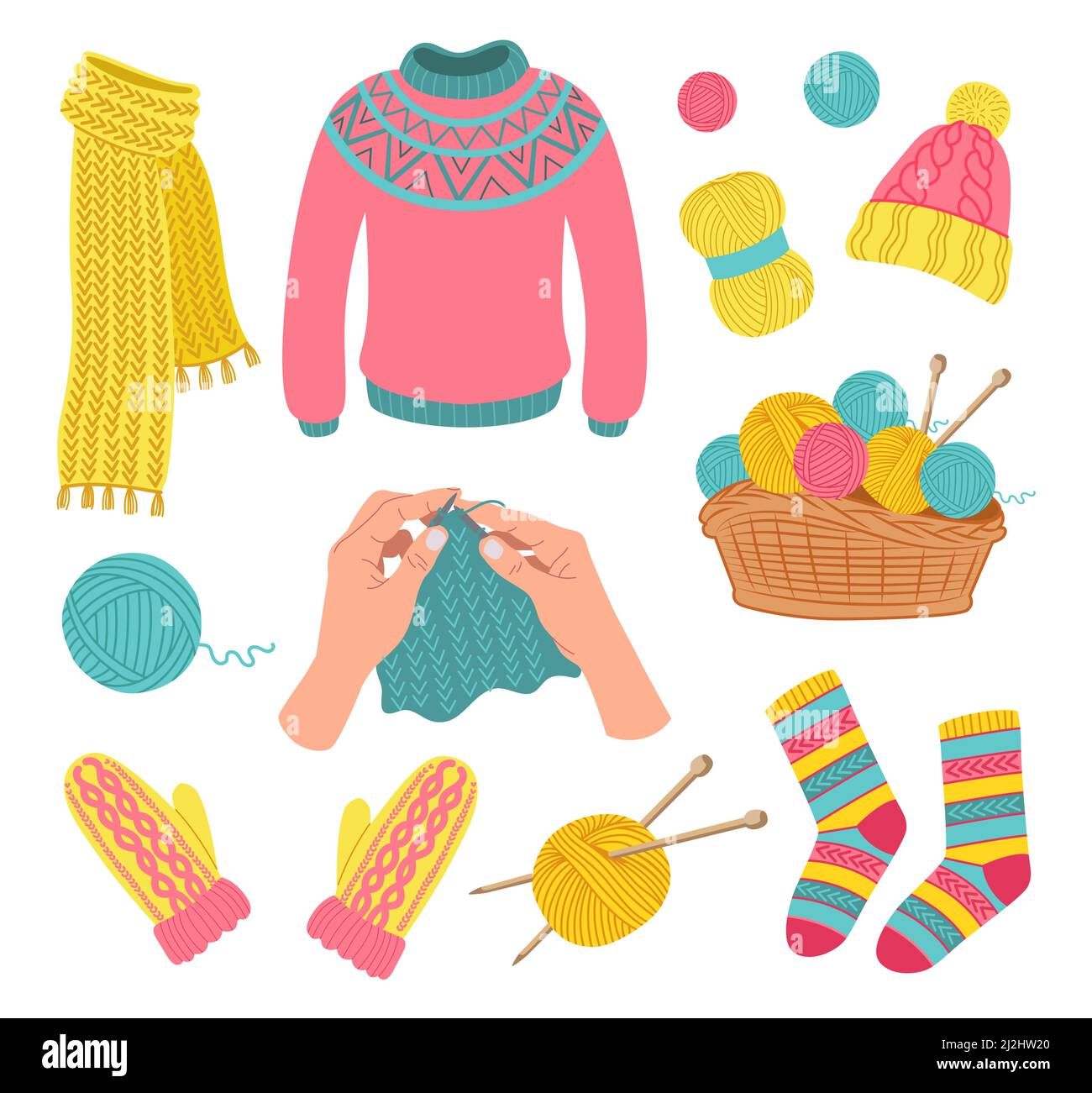 Knitted woolen clothes set. Vector illustrations of apparel, wool balls of  yarn in basket. Cartoon scarf hat mittens socks mittens cardigan isolated o  Stock Vector Image & Art - Alamy