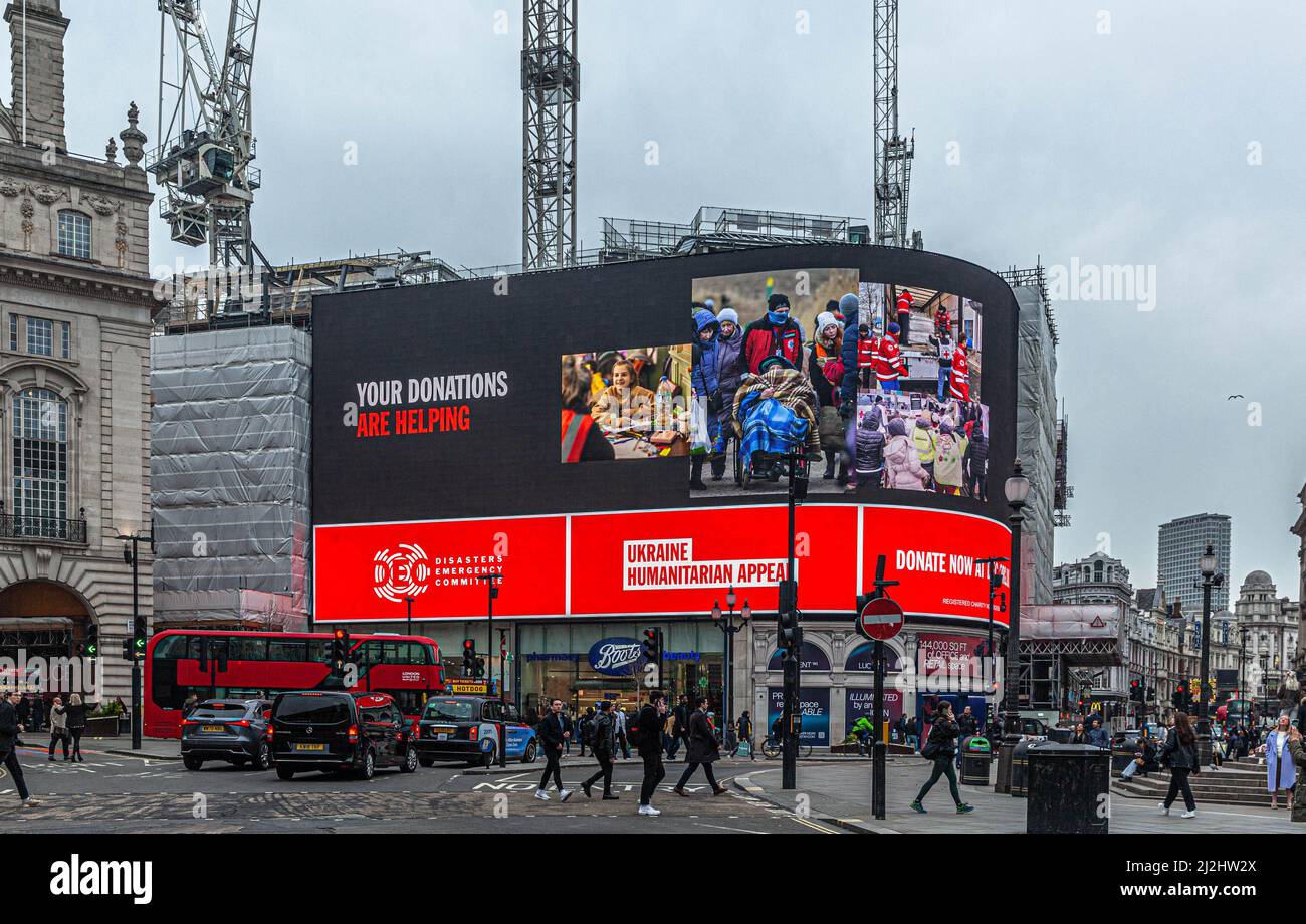 Ukraine Humanitarian Appeal advertising, Piccadilly Circus, london, England, UK. Stock Photo