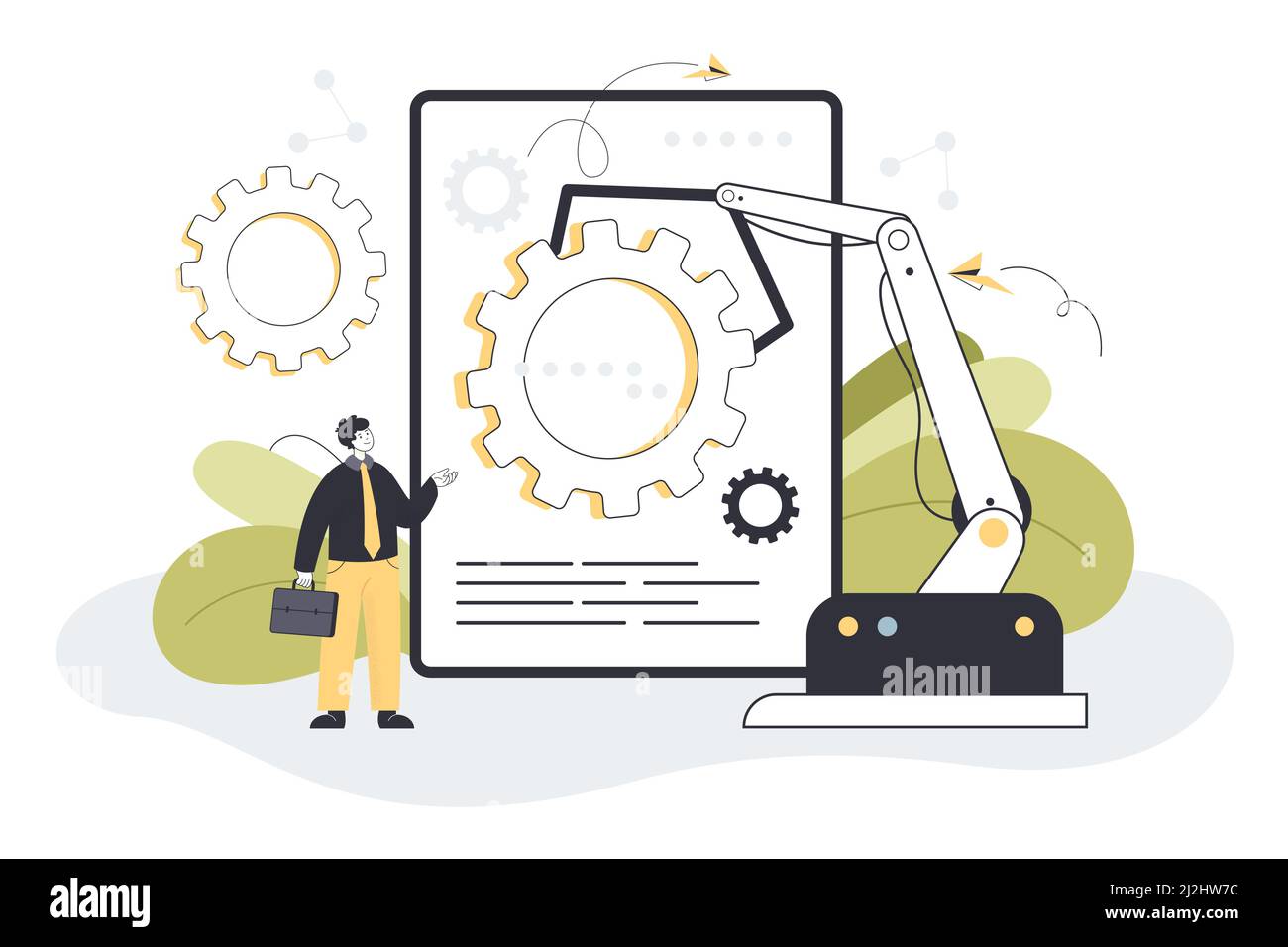 Man and digital era algorithm of AI. Social system of 21st century and workforce challenge flat vector illustration. Smart business process, human res Stock Vector