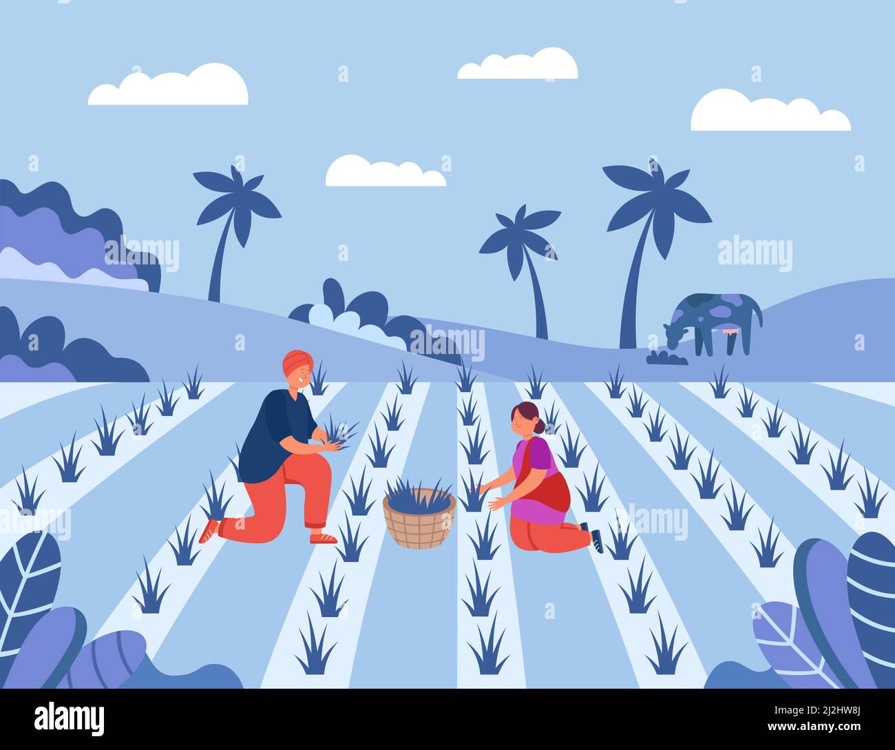 Male and female farmers working on rice fields in Indian village. Cartoon man and woman working on farm flat vector illustration. India, farming, agri Stock Vector