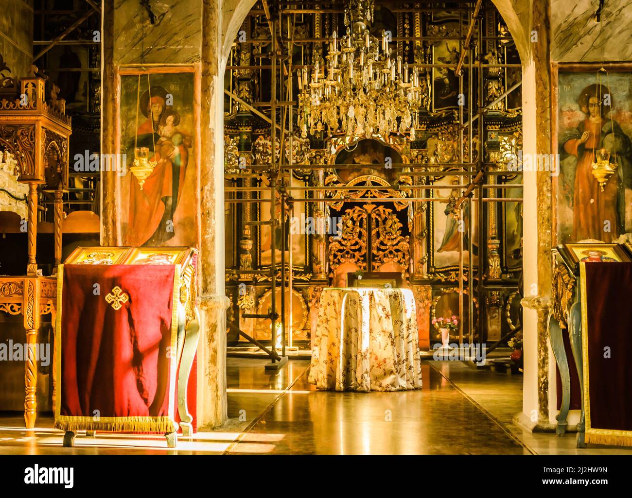 View of the interior and the wall with the iconostasis in the church ...
