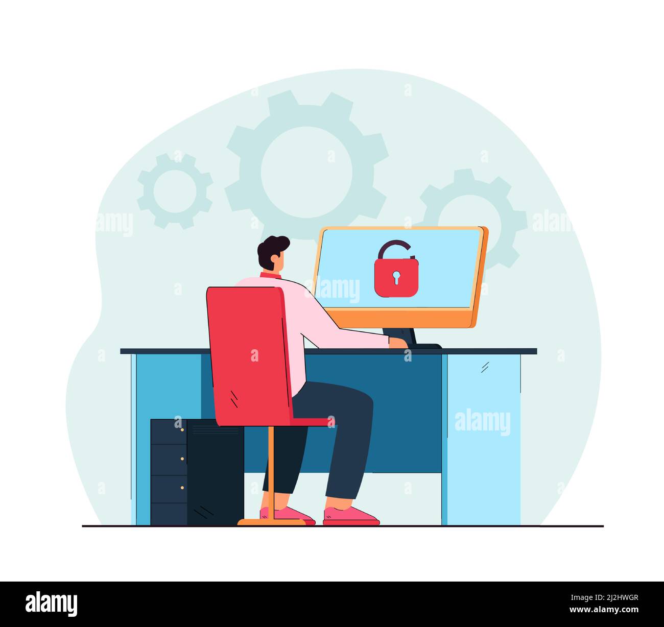 Man sitting at desk and unlocking computer. Computer settings, login flat vector illustration. Modern technologies, personal data protection concept f Stock Vector