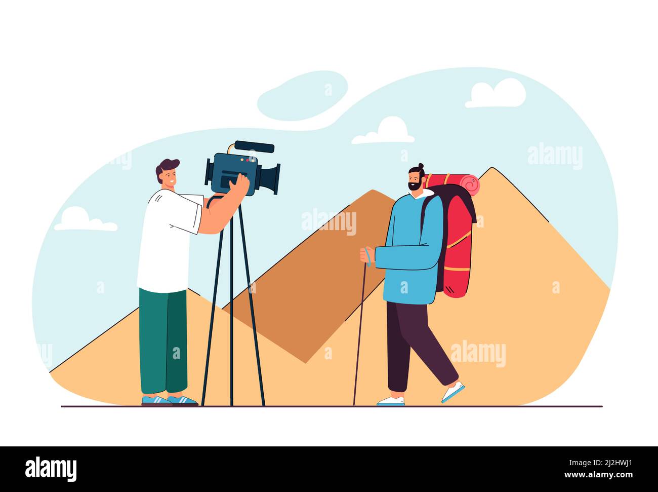 Man with camera in front of hitchhiking tourist with Egypt pyramids in