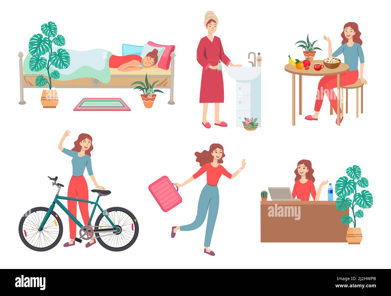 Morning routine of female character vector illustrations set. Daily life of woman, girl waking up, eating breakfast, going to work by bicycle, working Stock Vector