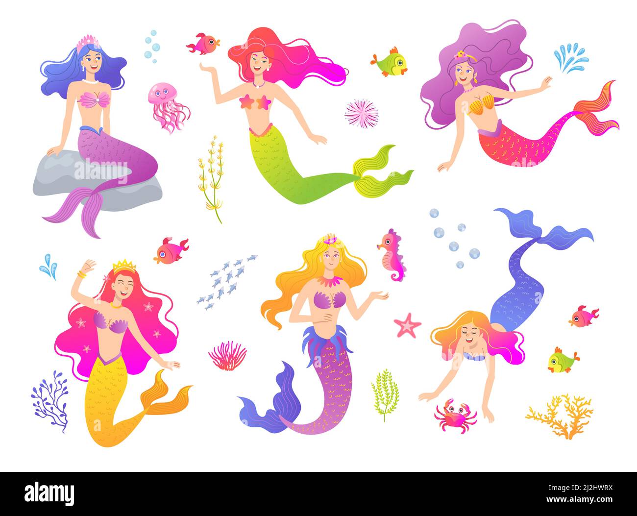 Mermaid cartoon characters flat vector illustrations set. Beautiful  mythical creatures with underwater animals, fishes, seahorse isolated on  white bac Stock Vector Image & Art - Alamy