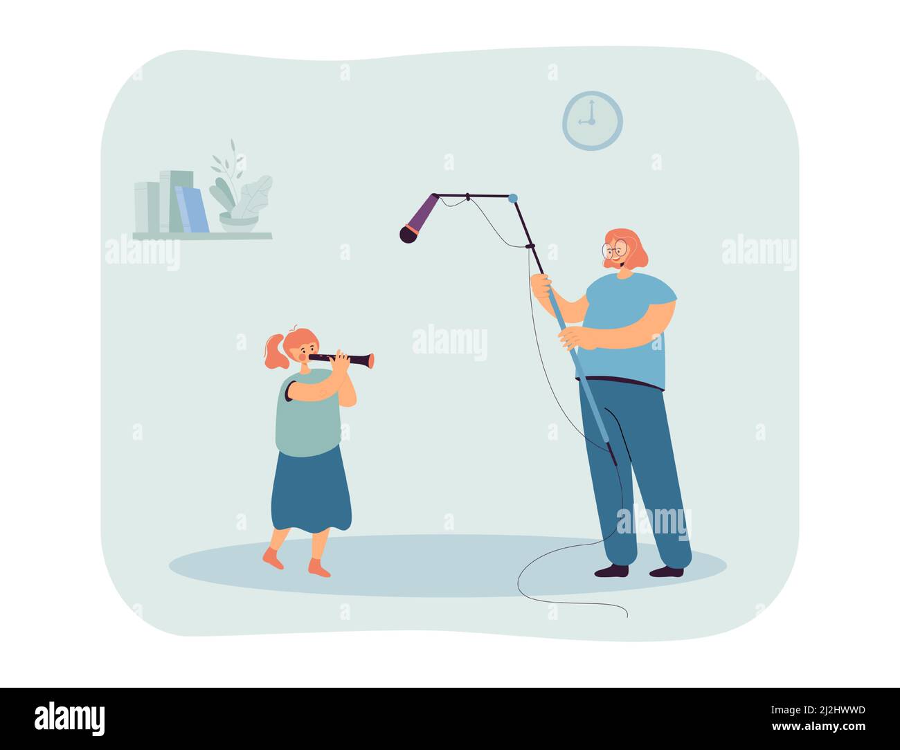 Mother using microphone to record her daughter blowing trumpet. Preparation for concert flat vector illustration. Music, sound record, home studio con Stock Vector