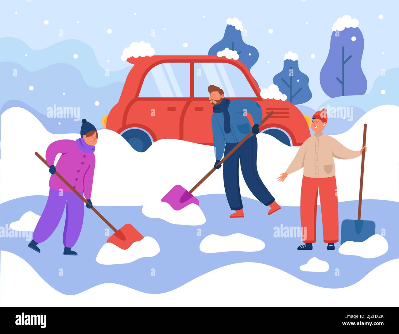 People cleaning road covered with snow after winter storm. Persons working with shovels, removing ice for driving automobile flat vector illustration. Stock Vector