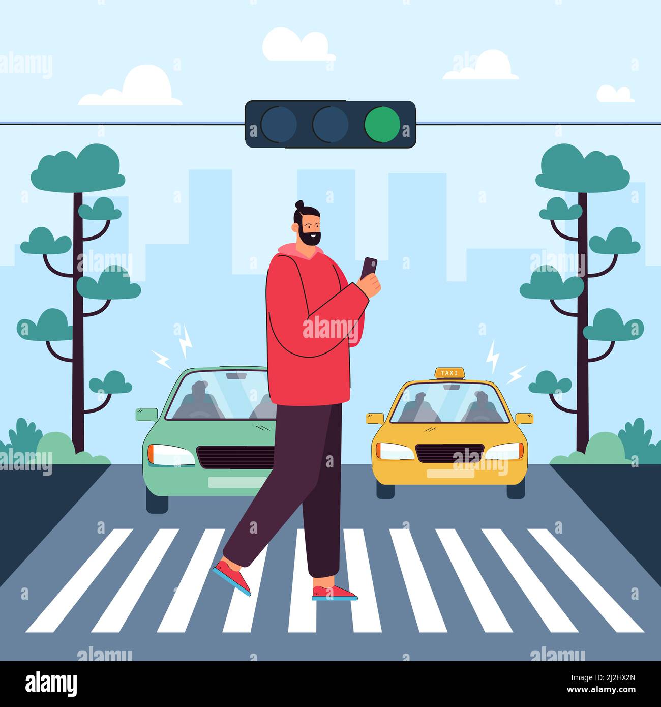 Pedestrian crossing crosswalk on road at green traffic light. Man walking  on zebra, holding mobile phone flat vector illustration. Safety on street,  a Stock Vector Image & Art - Alamy