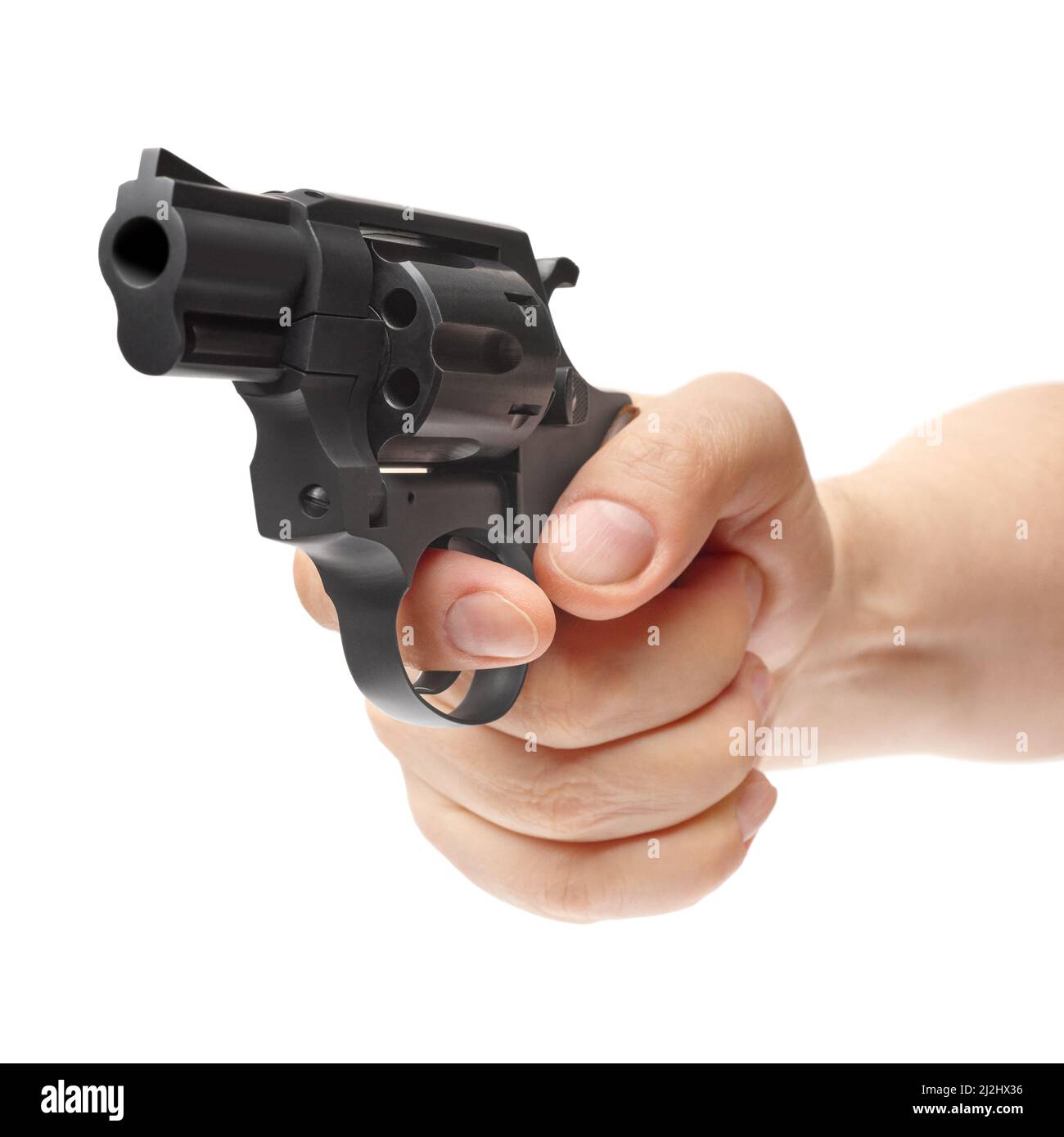 Male hand holding small black pistol, isolated on white background Stock Photo