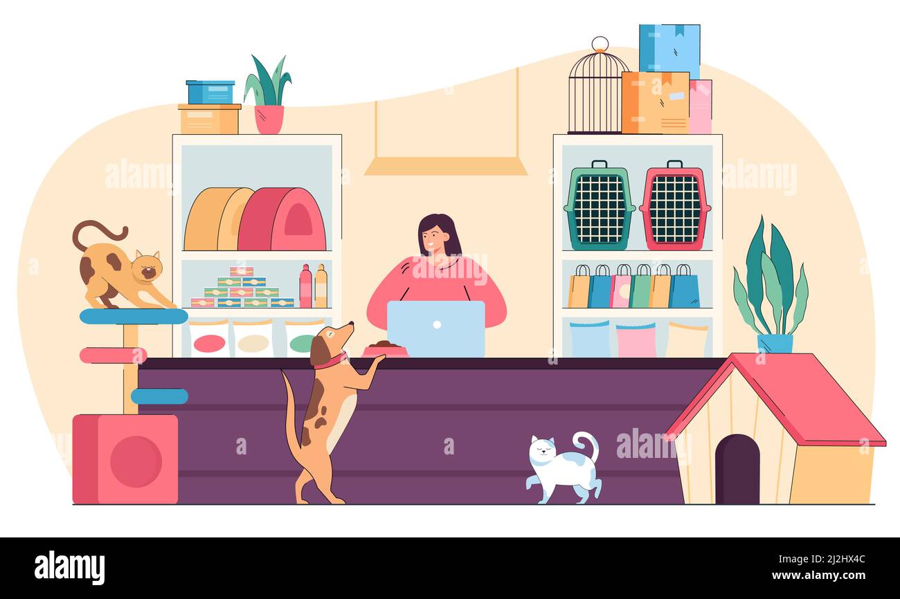 Pet shop seller selling vet goods for animals. Woman standing