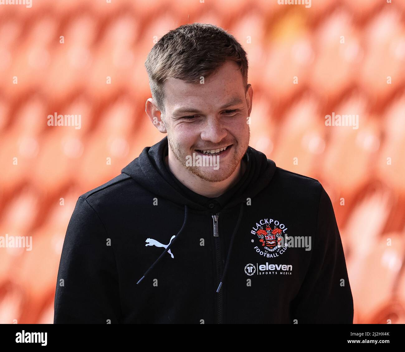 Jordan Thorniley 34 of Blackpool arrives at Bloomfield Road Stock