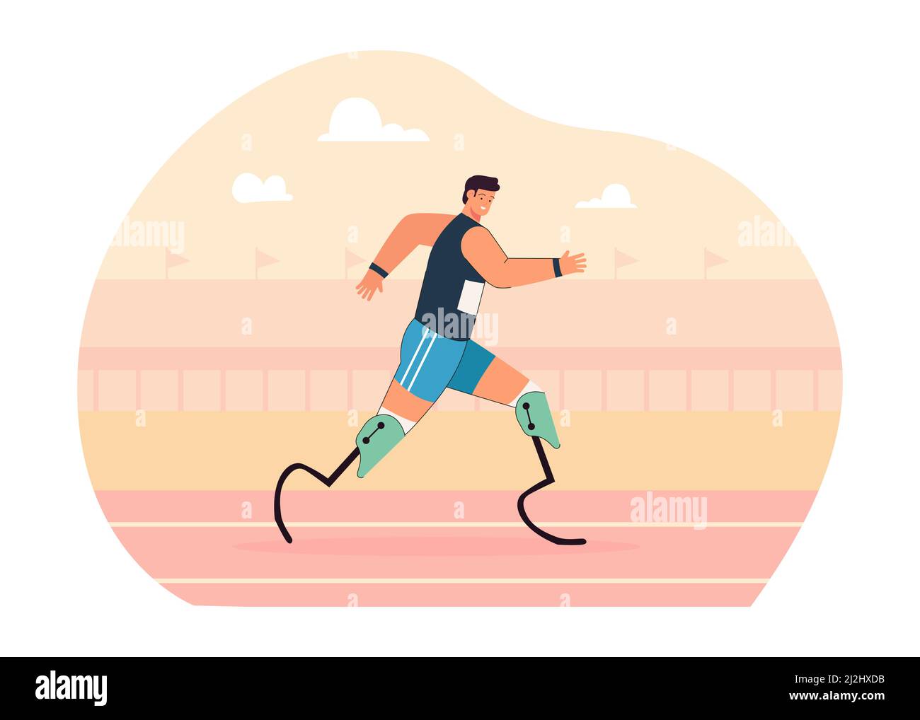 Runner with prosthetic legs jogging on sport track. Handicapped man with physical disability training on prostheses, running marathon flat vector illu Stock Vector