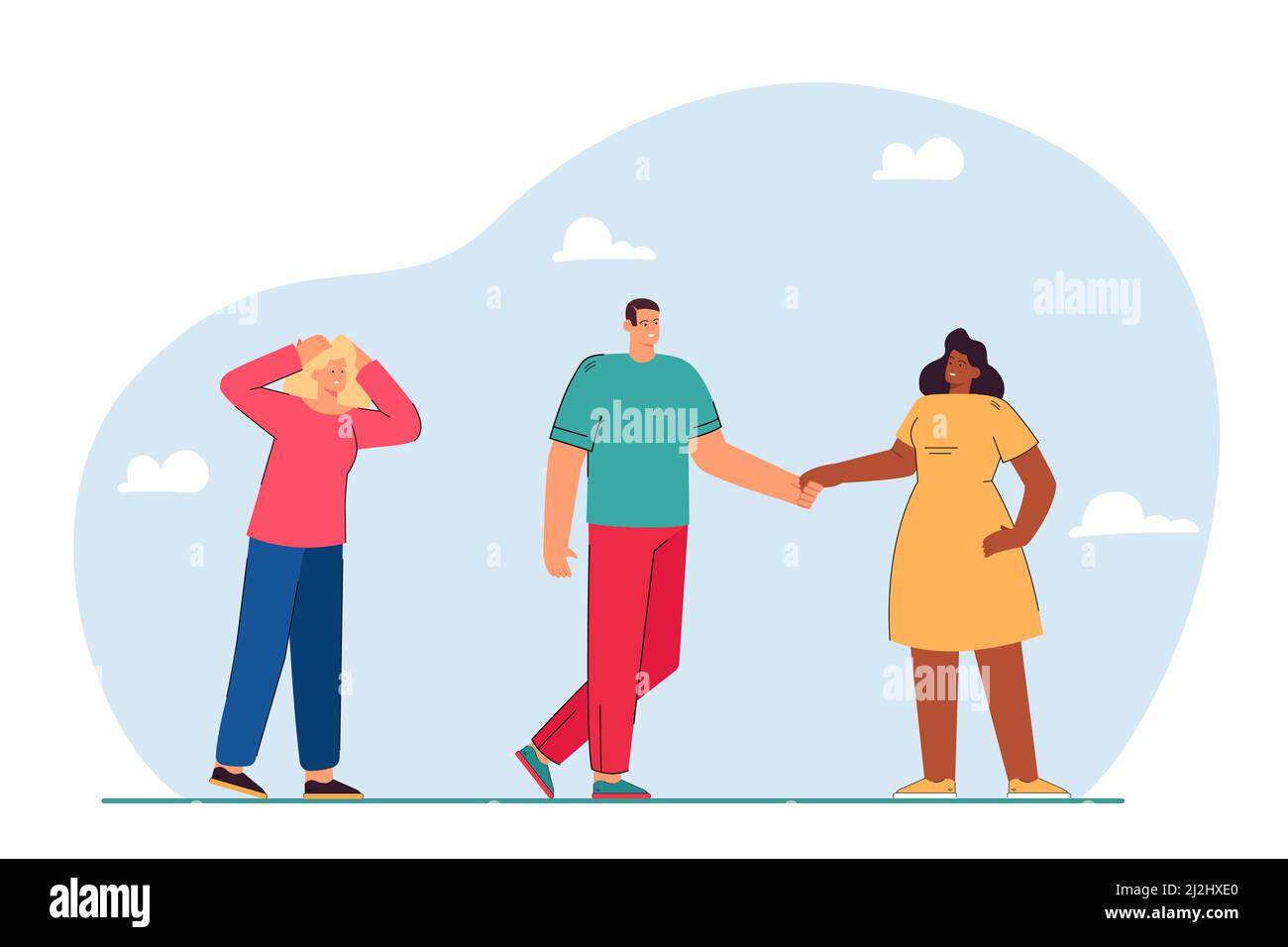 Sad woman looking at happy couple holding each others hands. People in love triangle flat vector illustration. Relationship, jealousy, love concept fo Stock Vector