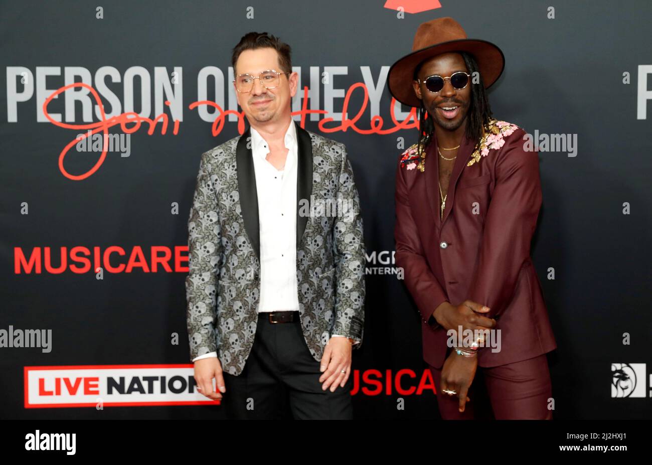 Adrian Quesada and Eric Burton, of Black Pumas, arrive for the 31st annual  MusiCares Person of the Year Gala honoring Joni Mitchell in Las Vegas,  Nevada, U.S., April 1, 2022. Picture taken