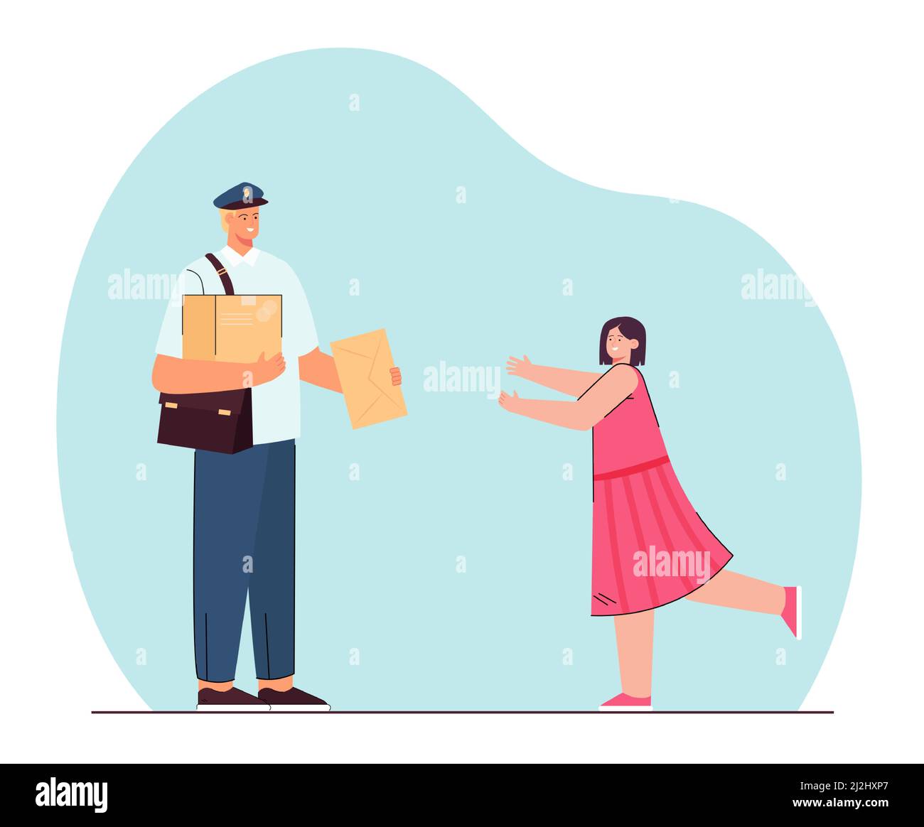 Smiling girl running to mailman holding letter and parcel in hands. Postman delivering mail flat vector illustration. Delivery service concept for ban Stock Vector