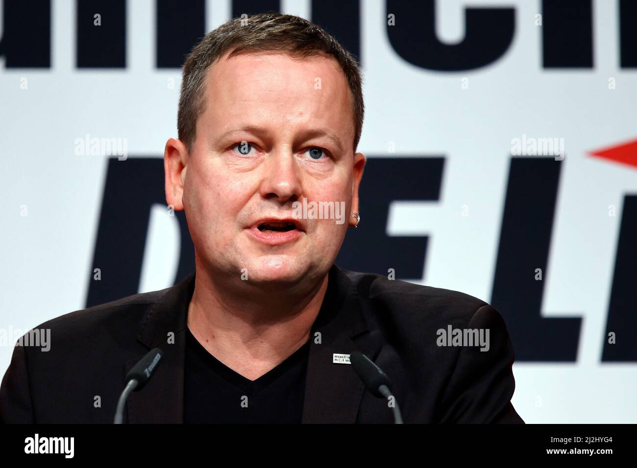 Berlin, Germany. 02nd Apr, 2022. Klaus Lederer (Die Linke), Berlin's  Senator for Culture, addresses the delegates at the Berlin Left Party  Congress. The focus of the meeting is the resolution on the