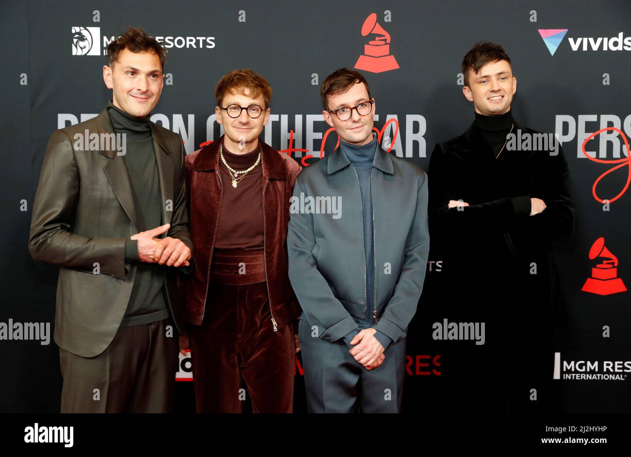 Members of Glass Animals Joe Seaward, Dave Bayley, Drew MacFarlane and  Edmund Irwin-Singer, arrive for the 31st annual MusiCares Person of the  Year Gala honoring Joni Mitchell in Las Vegas, Nevada, .,