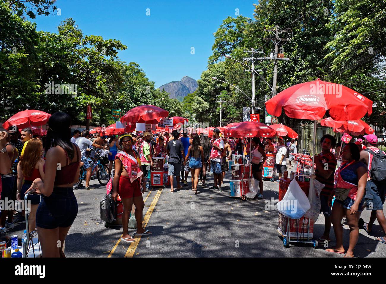RIO DE JANEIRO, BRAZIL - FEBRUARY 8, 2020: People having fun at street carnival in Jardim Botanico neighborhood. ('Desliga da Justiça' Carnival block) Stock Photo