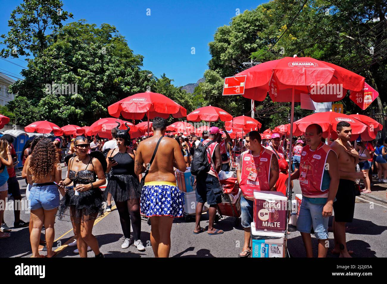 RIO DE JANEIRO, BRAZIL - FEBRUARY 8, 2020: People having fun at street carnival in Jardim Botanico neighborhood. ('Desliga da Justiça' Carnival block) Stock Photo