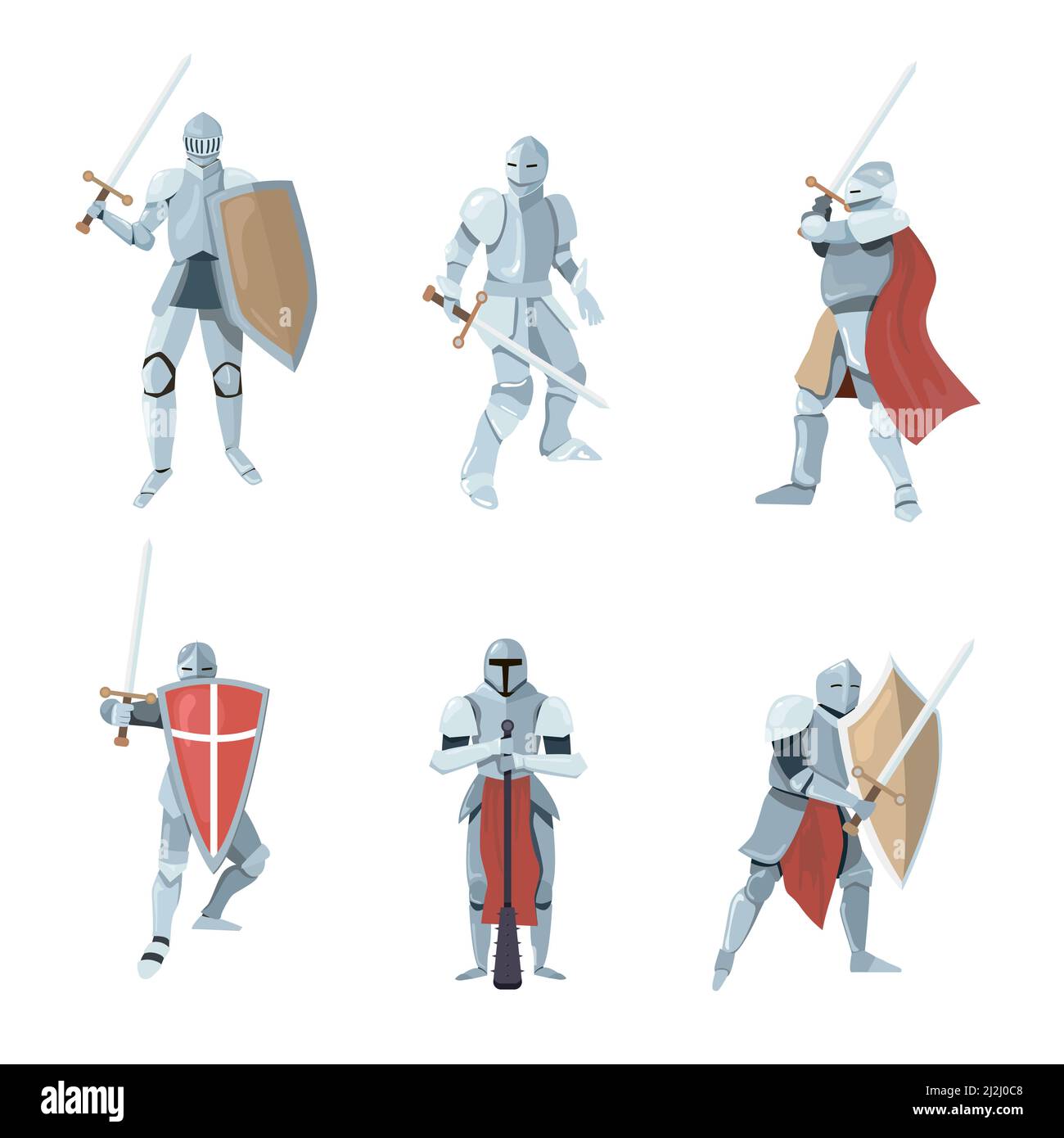 Chivalry cartoon vector illustration set. Knights or medieval fighters, soldiers in different poses during battle or fight. Man characters in armor wi Stock Vector