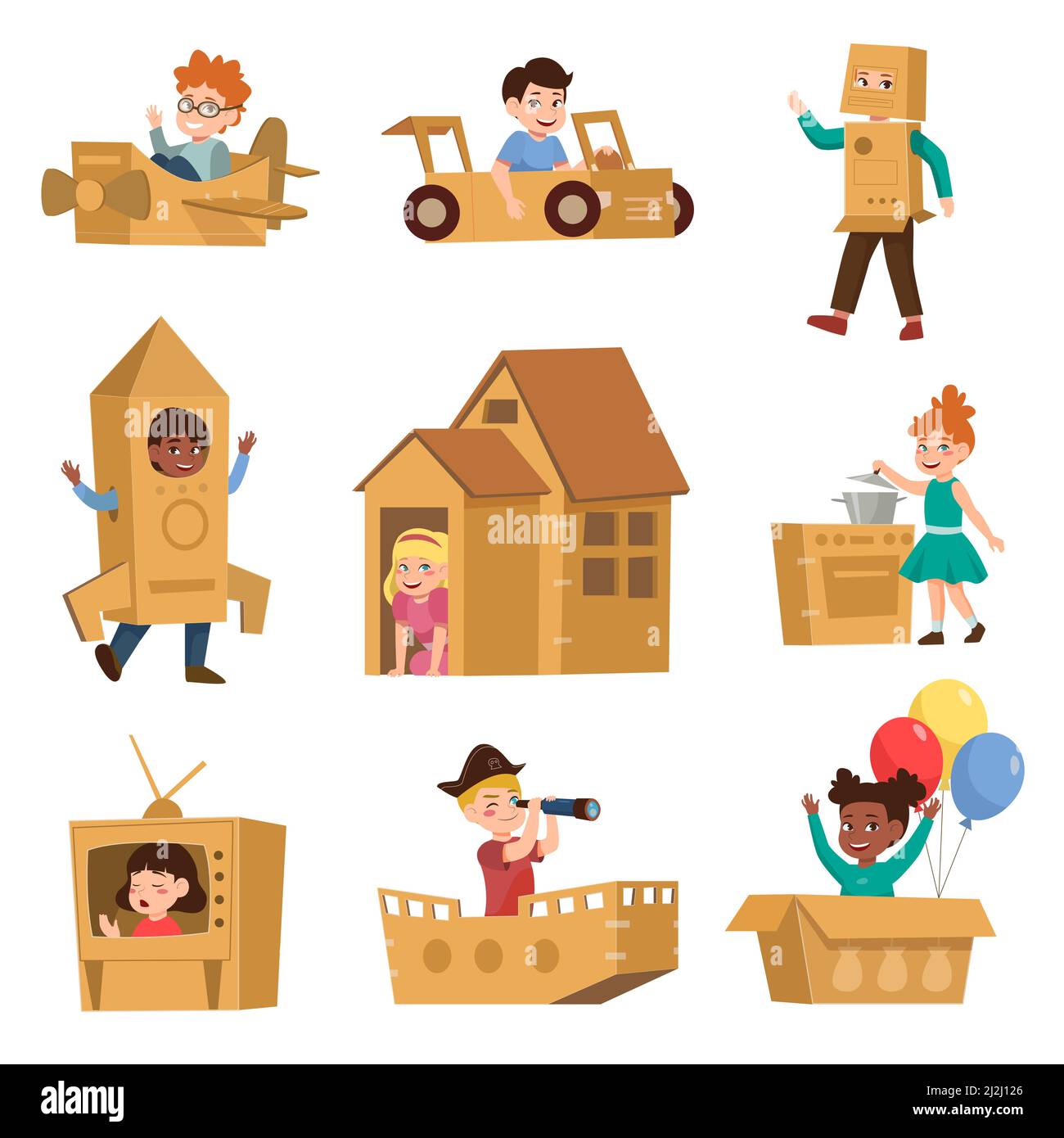 Creative kids with cardboard boxes vector illustrations set. Cute cartoon boys and girls making rocket costume, boat, car, TV from boxes isolated on w Stock Vector
