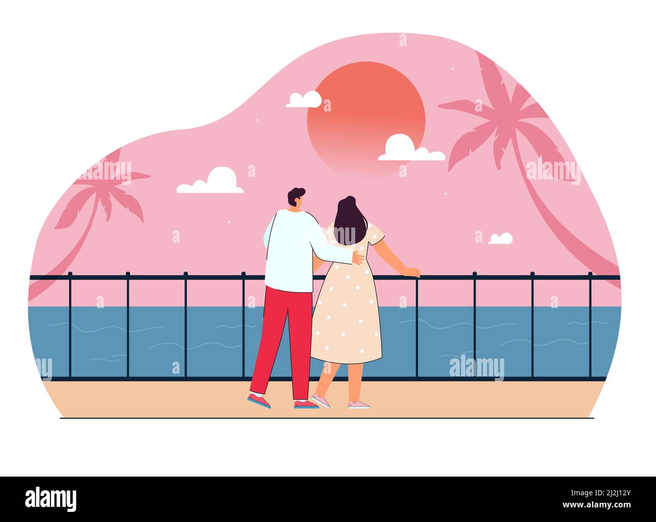 Cute cartoon couple watching sunset by sea together. Tourist hugging  girlfriend on romantic vacation or holiday flat vector illustration.  Romance, rel Stock Vector Image & Art - Alamy