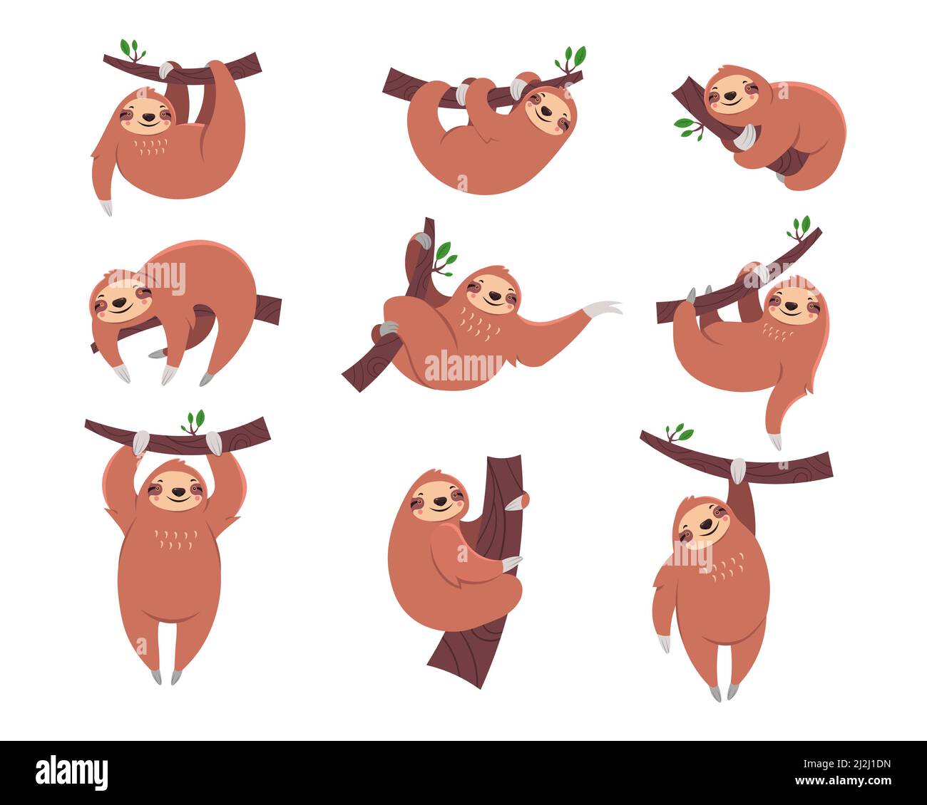 Cute sloth cartoon character flat vector illustrations set. Collection of  drawings with sleepy animal hanging from branch for children isolated on  whi Stock Vector Image & Art - Alamy