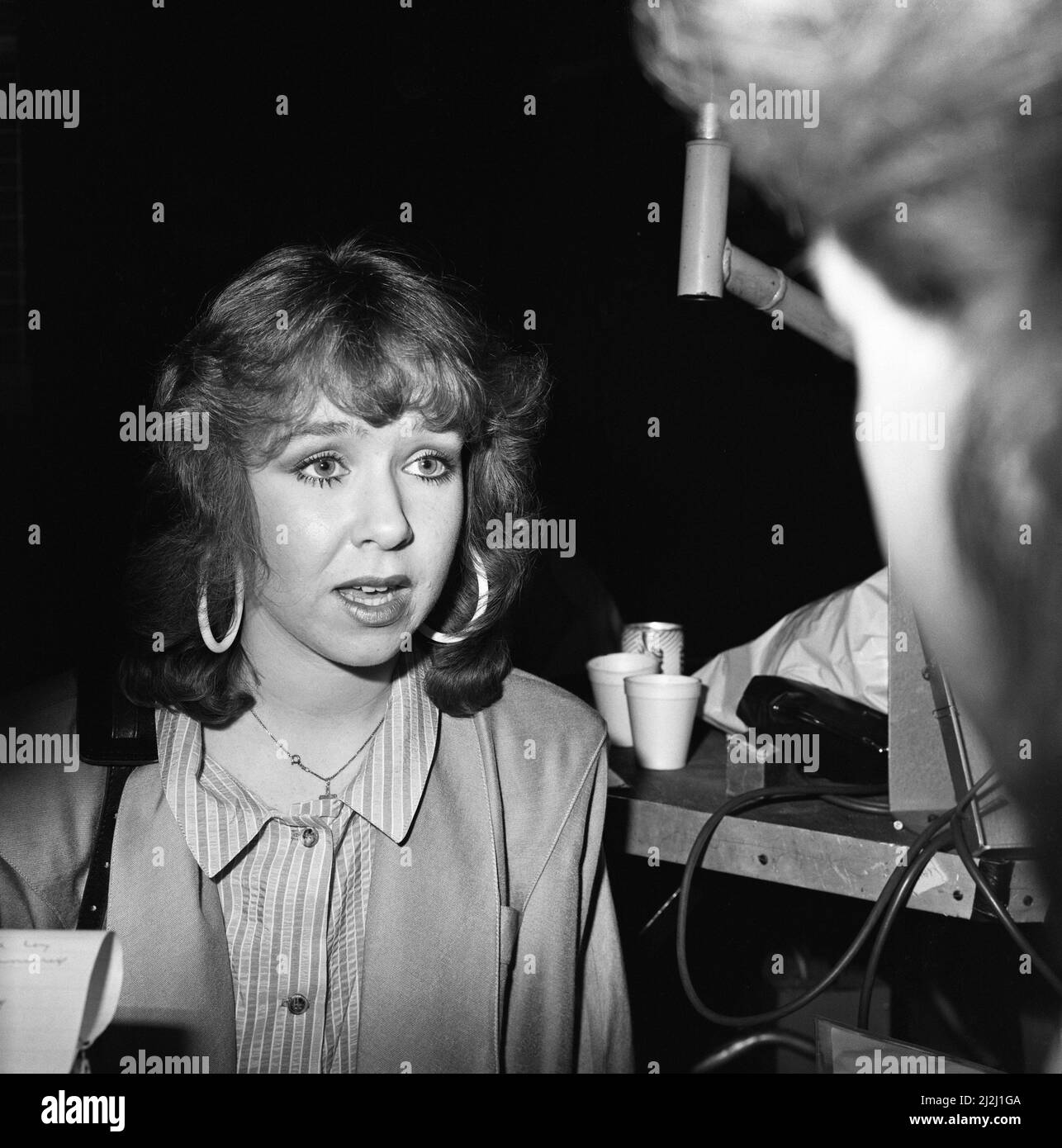 Past and present members of the cast of the BBC children's television series Grange Hill celebrate the programme's 10th anniversary at the BBC in Borehamwood, Hertfordshire. Pictured, Susan Tully. 3rd February 1987. Stock Photo