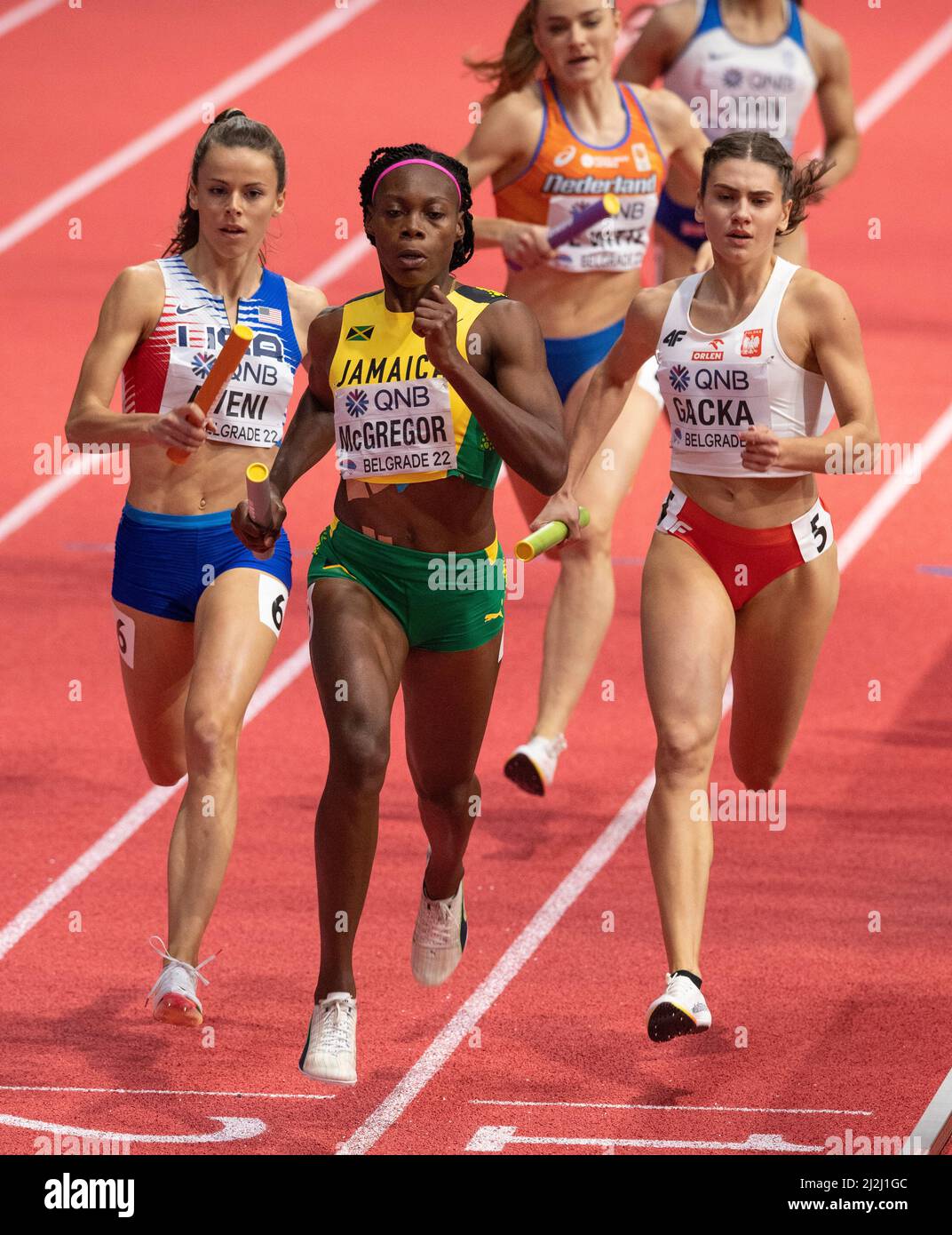 Brittany Aveni, Roneisha McGregor and Kinga Gacka running the third leg in the women’s relay final’s on Day Three of the World Athletics Indoor Champi Stock Photo