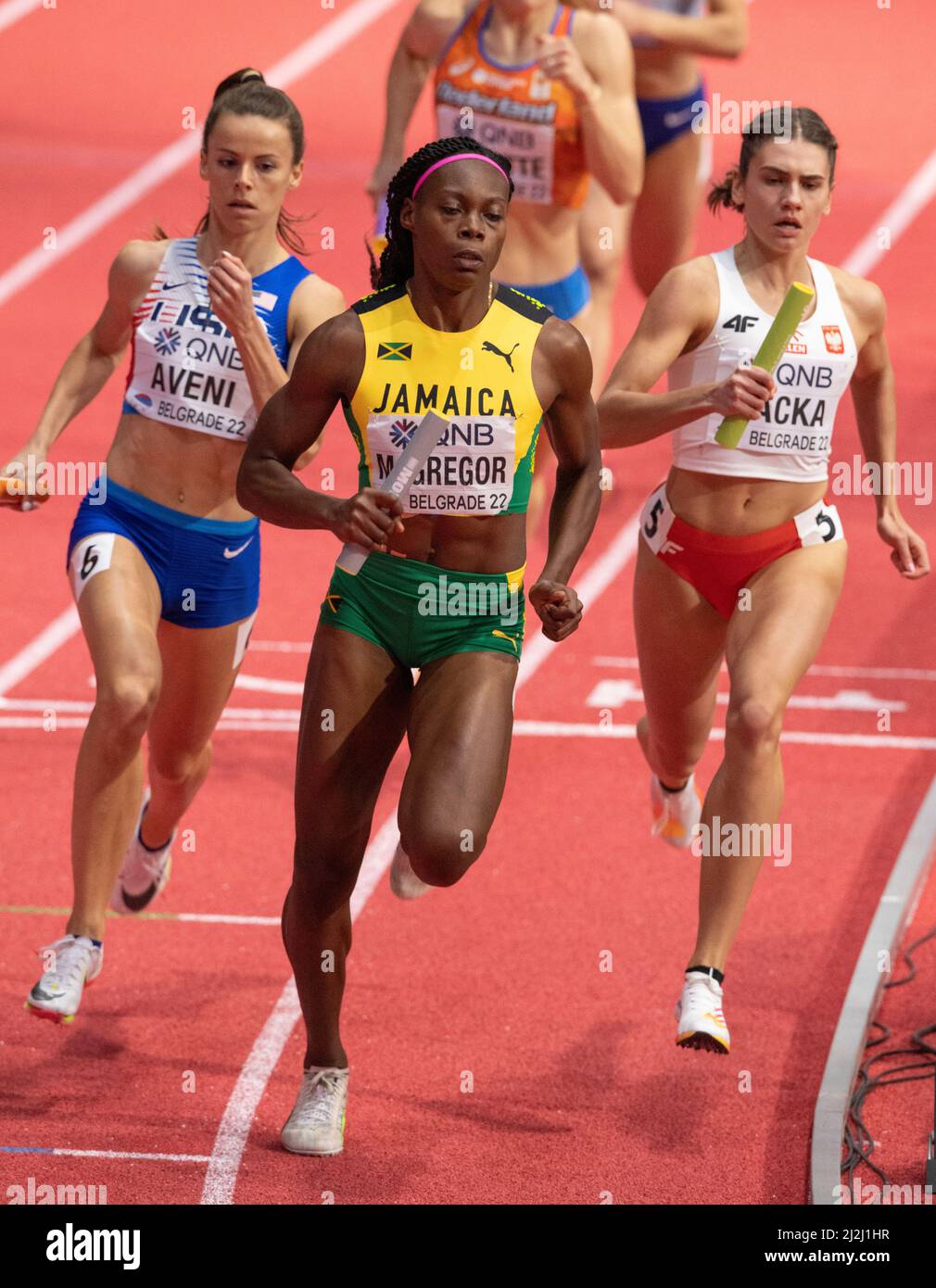 Brittany Aveni, Roneisha McGregor and Kinga Gacka running the third leg in the women’s relay final’s on Day Three of the World Athletics Indoor Champi Stock Photo