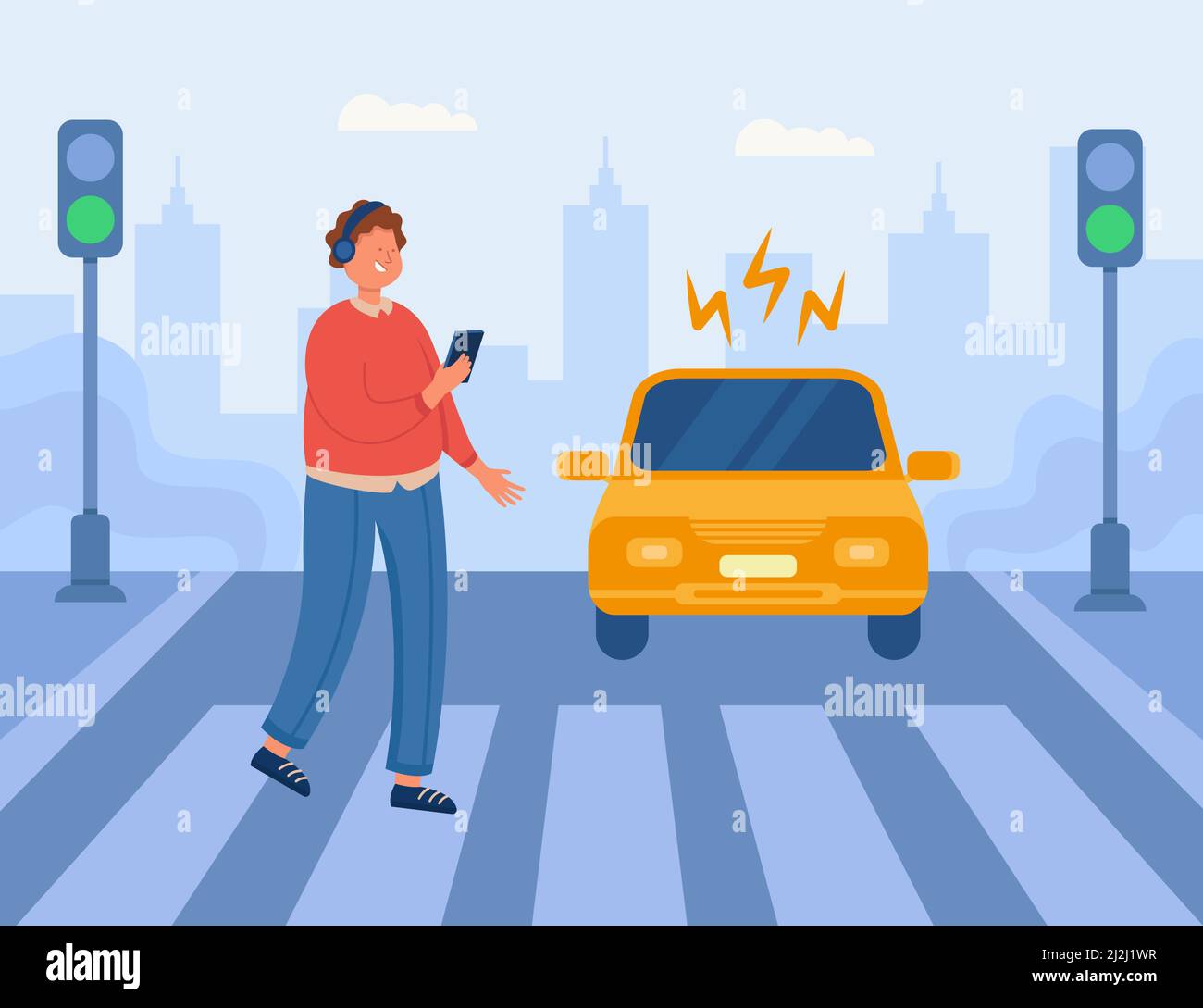 Free Vector  Pedestrian crossing crosswalk on road at green traffic light.  man walking on zebra, holding mobile phone flat vector illustration. safety  on street, accident, compliance with traffic rules concept