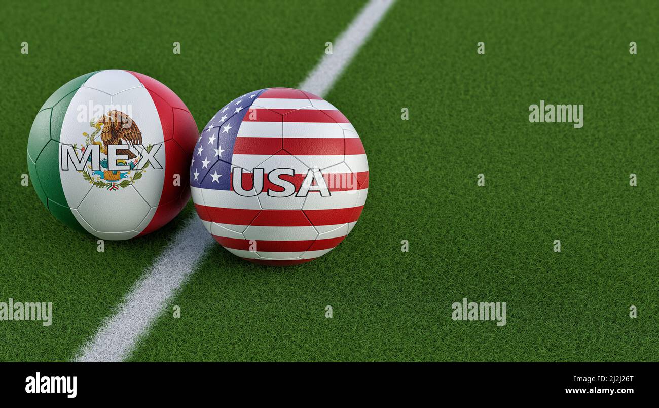 Mexico vs. USA Soccer match Soccer balls in Mexico and USA national colors. 3D Rendering Stock
