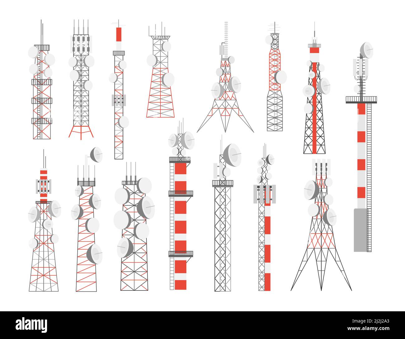 Antenna tower with satellite dishes vector illustrations set. Radio, communication or telecom transmission towers, internet, television or telephone b Stock Vector