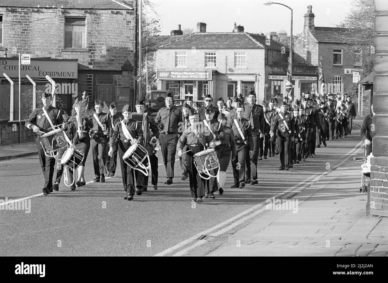 On parade... Boys' Brigade companies from the Pennine Division of the Yorkshire Battalion joined in a parade at Mirfield. The bands of the Mirfield and Harrogate companies played as they marched to a service at Hopton United Reformed Church which was conducted by the Rev Frank Hall ? who is also chaplain to the 1st Mirfield Company ? and the Rev Michael Wear, the battalion chaplain and a former Hopton minster. Also there was Dewsbury MP Ann Taylor, while the Kirklees Deputy Mayor, Clr Leonard Drake, took the salute after the service. 30th October 1988. Stock Photo