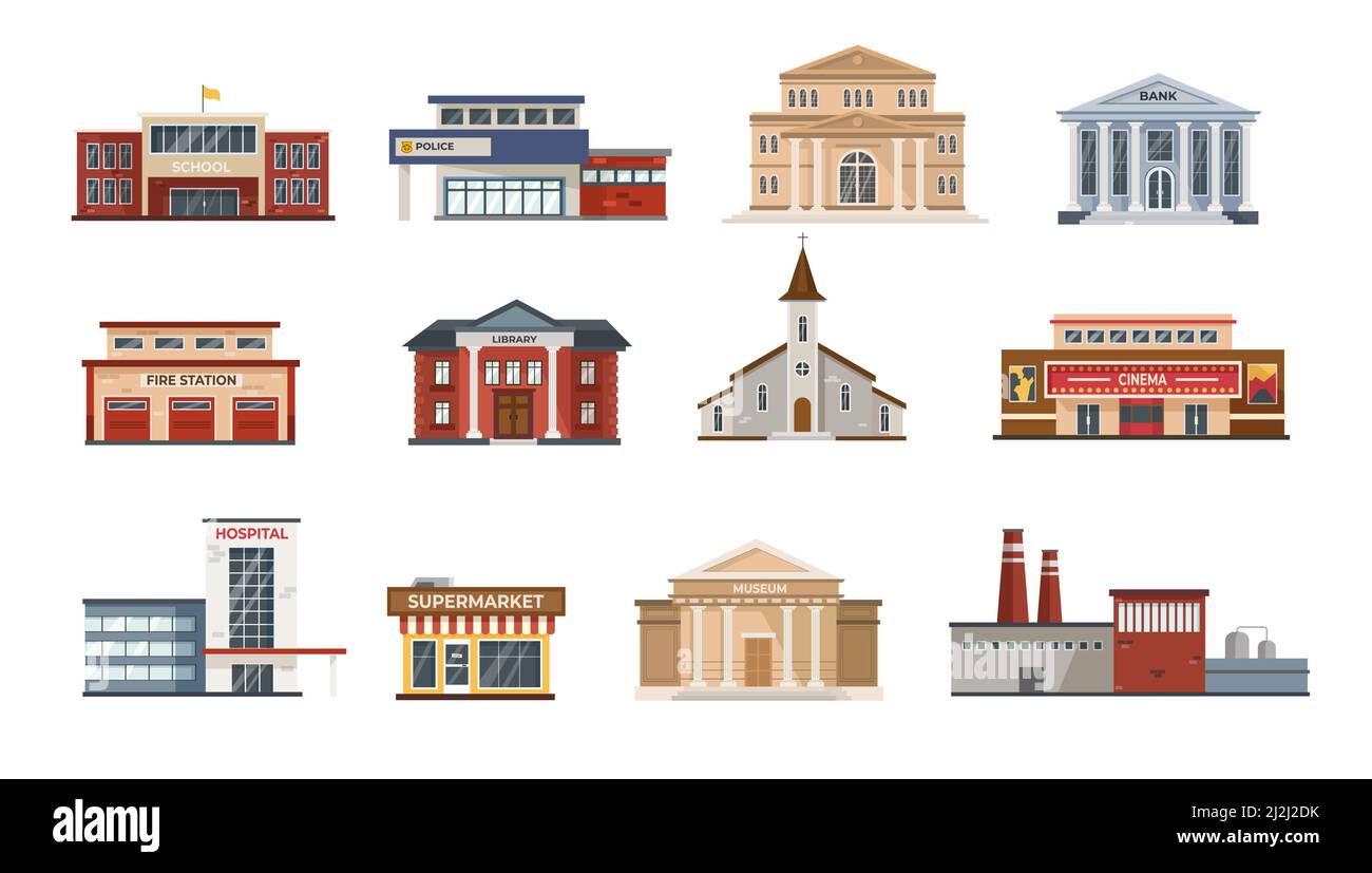 Exterior of city buildings flat vector illustrations set. Modern facades of town hall, museum, fire and police station, hospital, school isolated on w Stock Vector