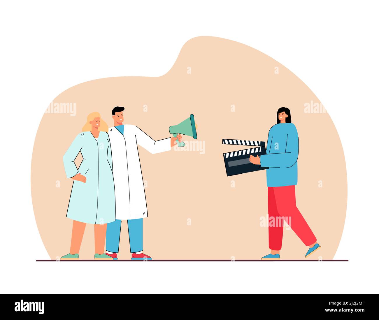 Assistant with clapper standing near actors who holding megaphone. Filmmaking scene flat vector illustration. Film industry concept for banner, websit Stock Vector