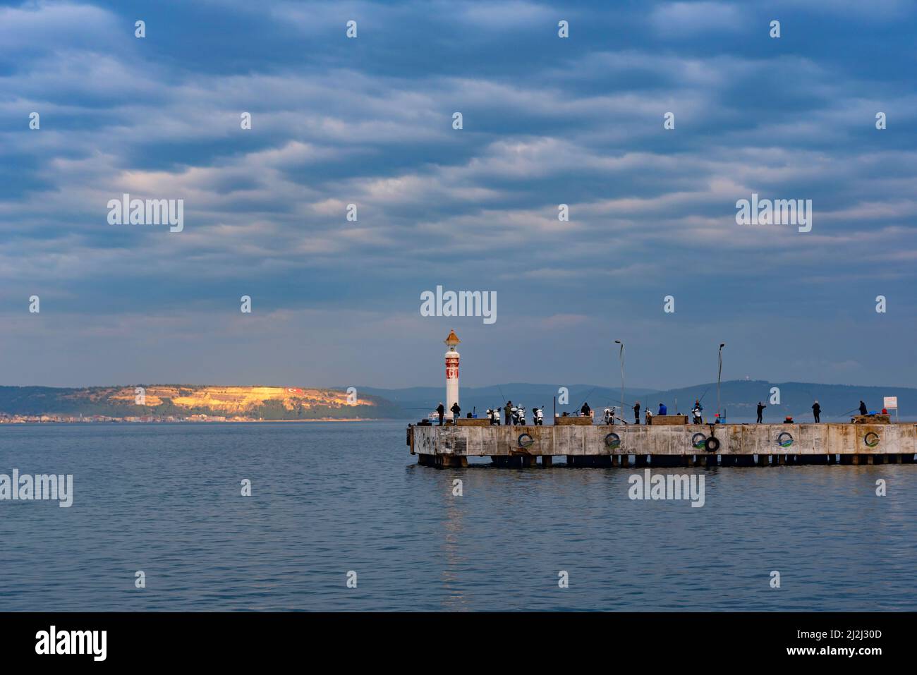 Canakkale, Turkey. February 18th 2022 Stunning scenic panorama of the pier in the port city of Canakkale looking towards the Dardanelles and Gallipoli Stock Photo