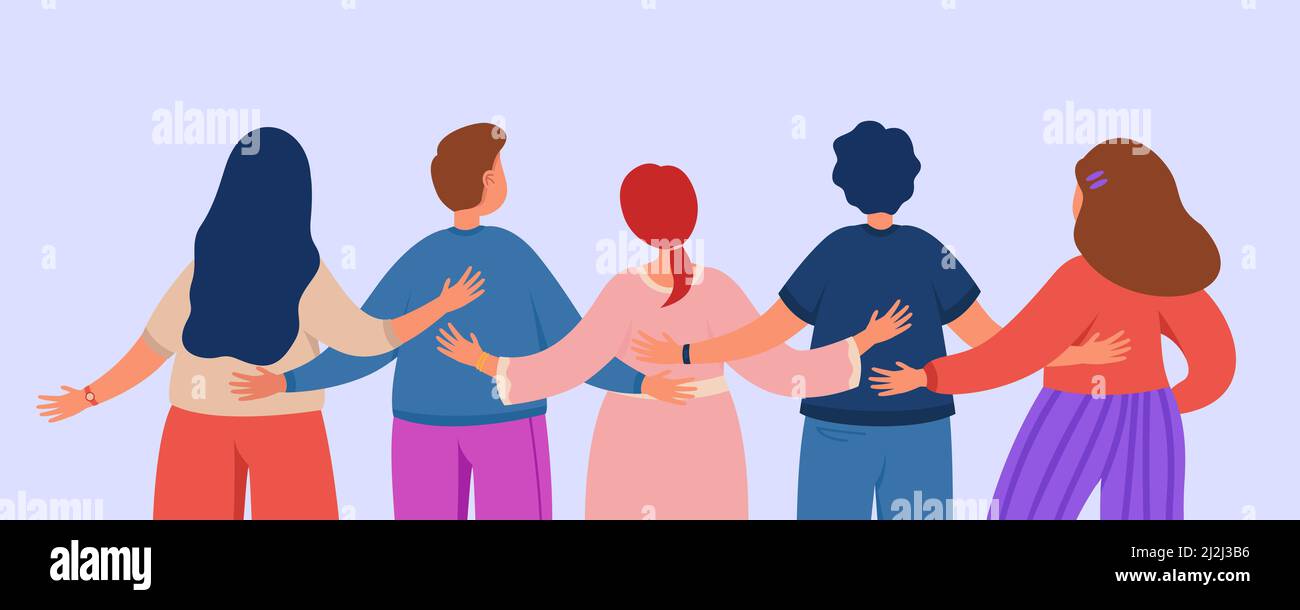 Backs of friends or team of colleagues hugging. Crowd of cartoon characters from behind flat vector illustration. Communication, community, diversity Stock Vector