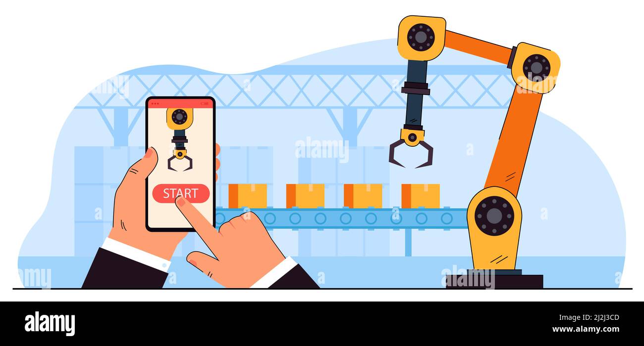 Hands holding smartphone with control app. Flat vector illustration. Wireless communication with robotic hands working on factory. Engineering, techno Stock Vector