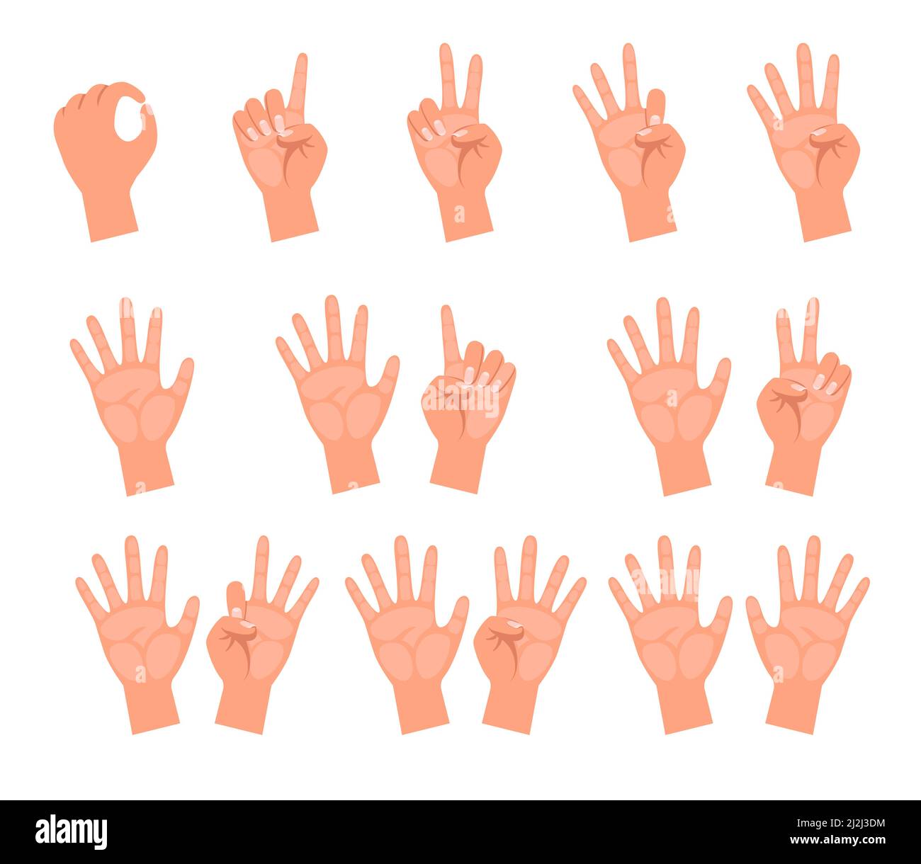 Hands of people counting vector illustrations set. Drawings of cartoon person showing numerals using or bending number of fingers isolated on white ba Stock Vector