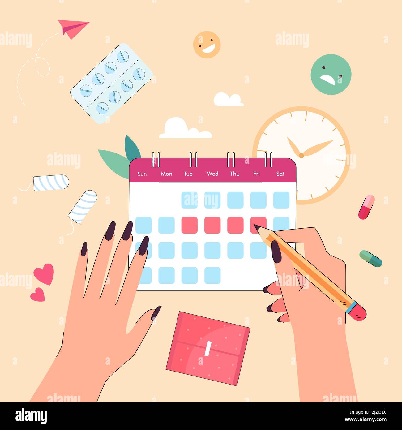 Hands of woman with calendar of menstrual period. Girl marking with pencil dates of menses
