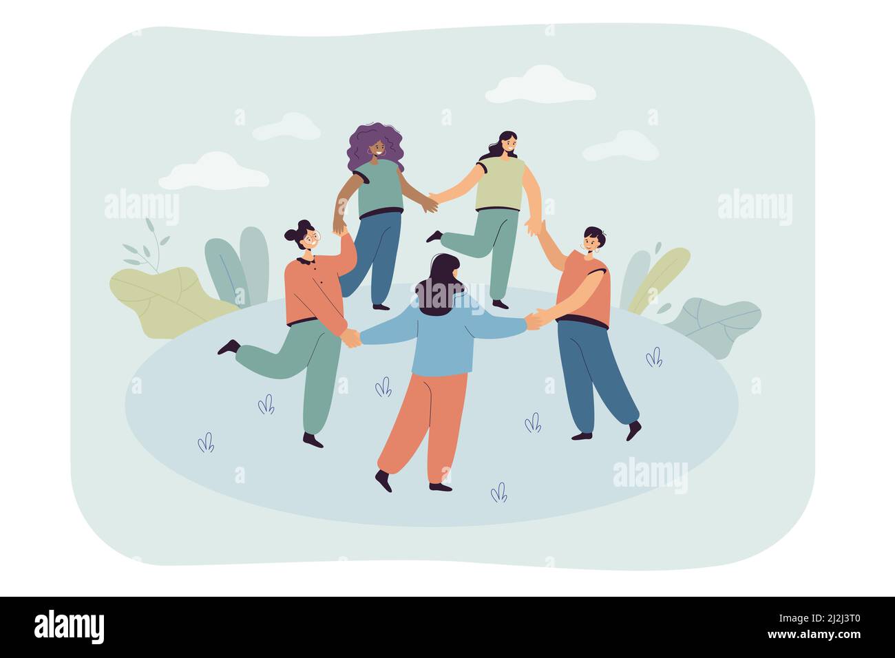 Happy cartoon people doing round dance together. Women dancing in circle  while holding hands flat vector illustration. International communication,  fr Stock Vector Image & Art - Alamy