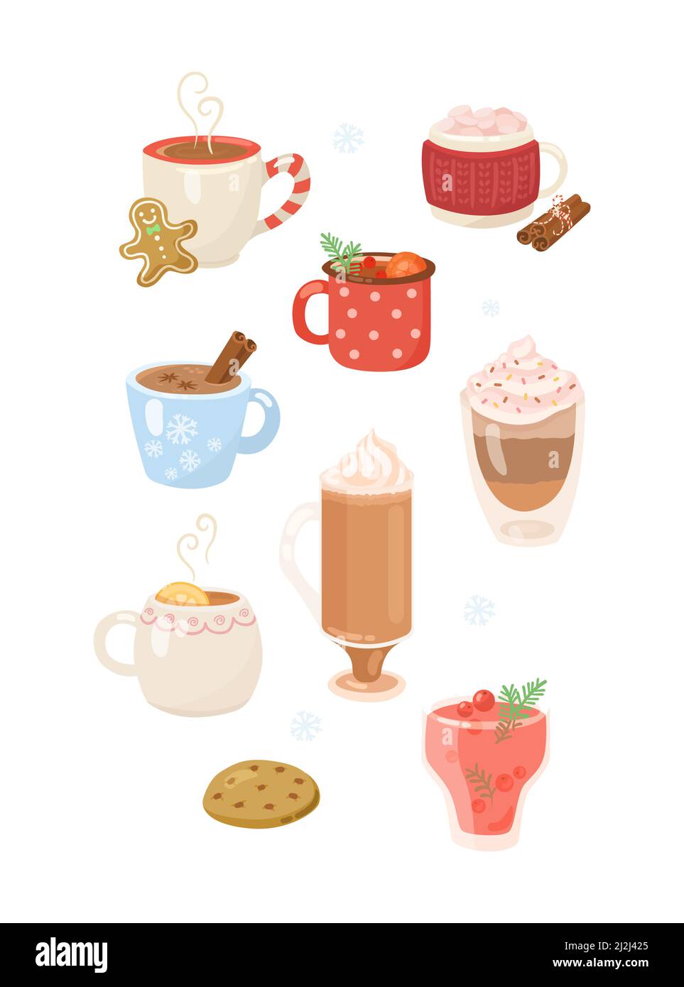 Hot drinks with whipped cream in mugs cartoon illustration set. Colorful winter drinks, coffee with cinnamon, tea, cacao with marshmallows, hot chocol Stock Vector