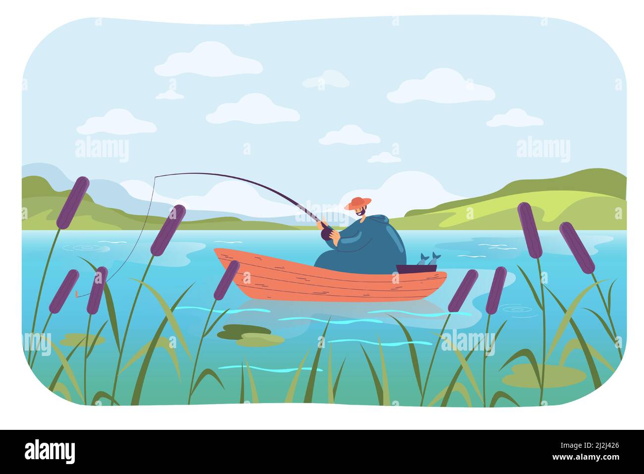 Happy man fishing in boat flat vector illustration. Cartoon man holding fishing rod, catching fish in blue river or lake, enjoying beautiful natural l Stock Vector