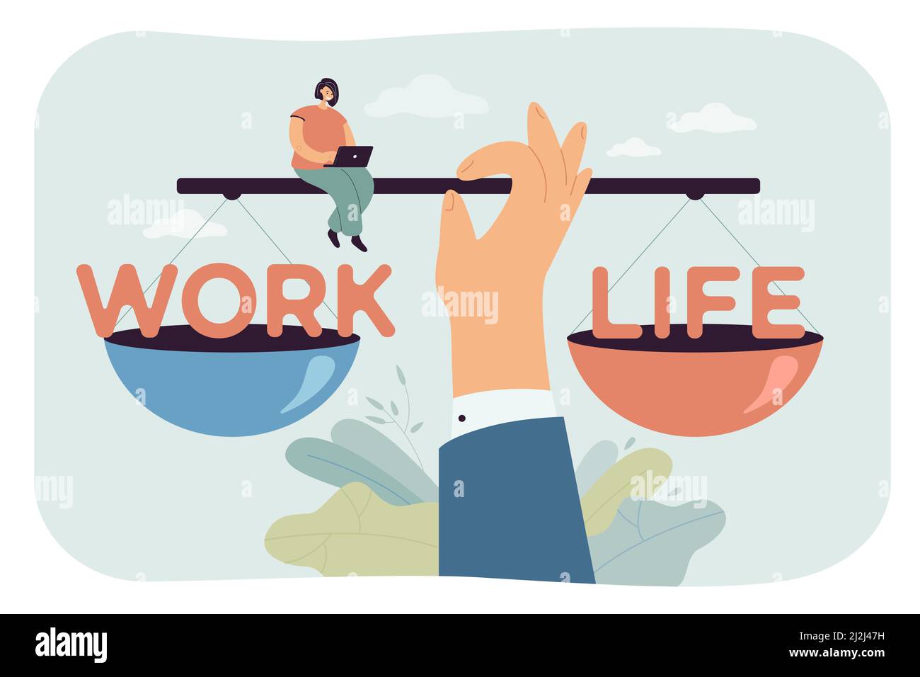 Huge hand balancing work and life on scales. Cartoon character ...