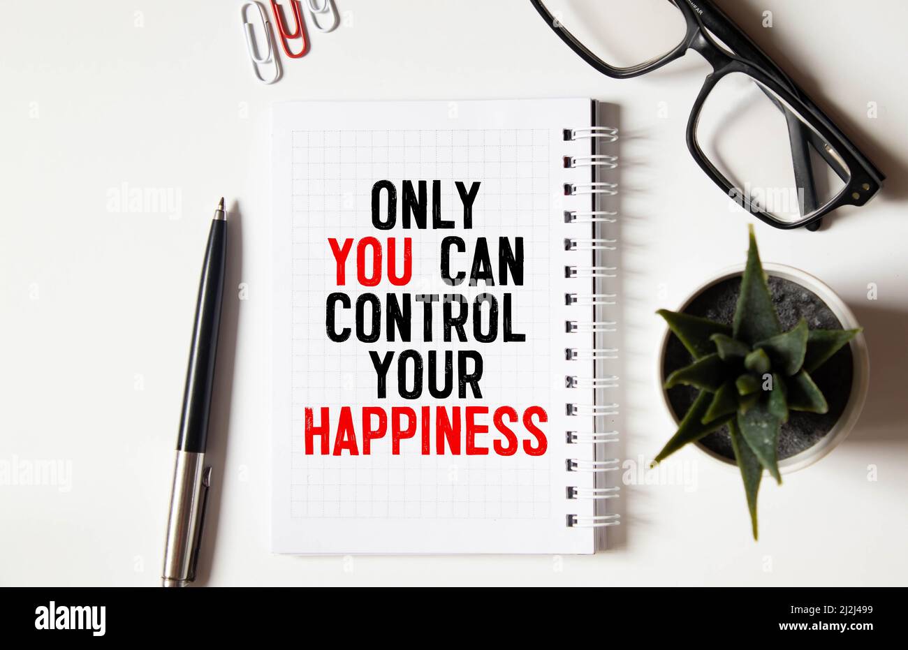 Handwriting text writing Only You Can Control Your Happiness.. Concept meaning Personal Self-motivation inspiration Marker over notebook crumpled pape Stock Photo